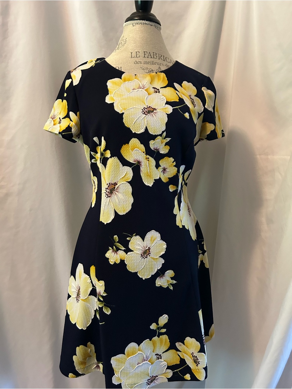 Women's Navy Blue Floral Fit-and-Flare Dress - Yellow Flower Print